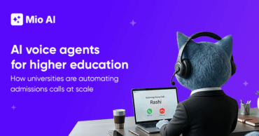 Cat-like character wearing a headset sits at a desk using a laptop displaying an incoming call, alongside text reading ‘Mio AI – AI voice agents for higher education’ and ‘How universities are automating admissions calls at scale