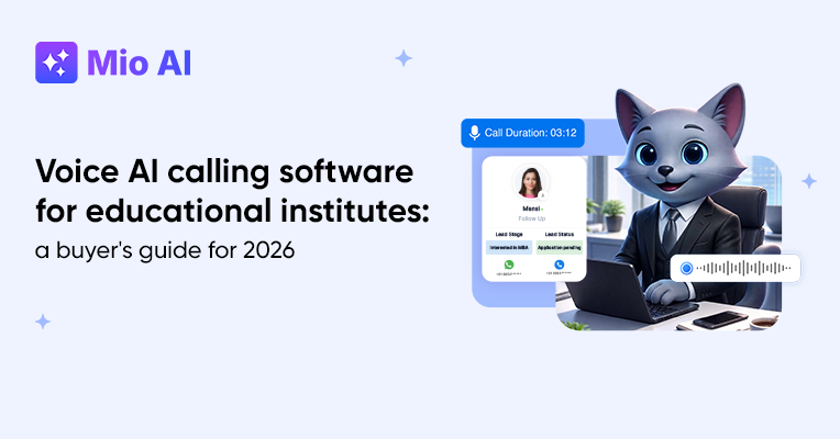 Voice AI calling software for educational institutes showing AI agent handling a student follow-up call with lead stage and call duration on screen